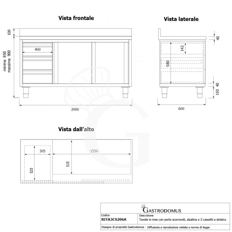 Tavolo armadiato,2 porte scorrevoli,3 cassetti a sinistra, alzatina, L2000 x P600 x H950mm