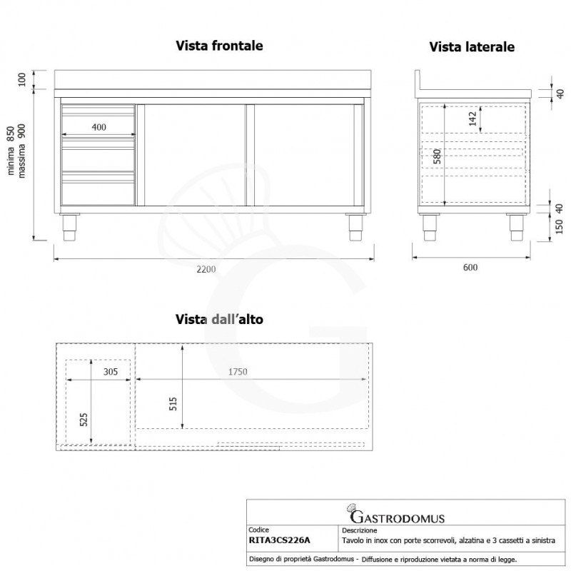 Tavolo armadiato,2 porte scorrevoli,3 cassetti a sinistra, alzatina, L2200 x P600 x H950mm