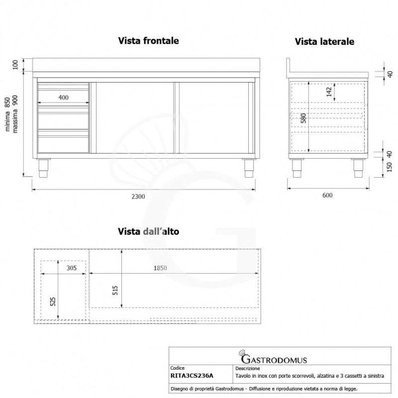 Tavolo armadiato,2 porte scorrevoli,3 cassetti a sinistra, alzatina, L2300 x P600 x H950mm