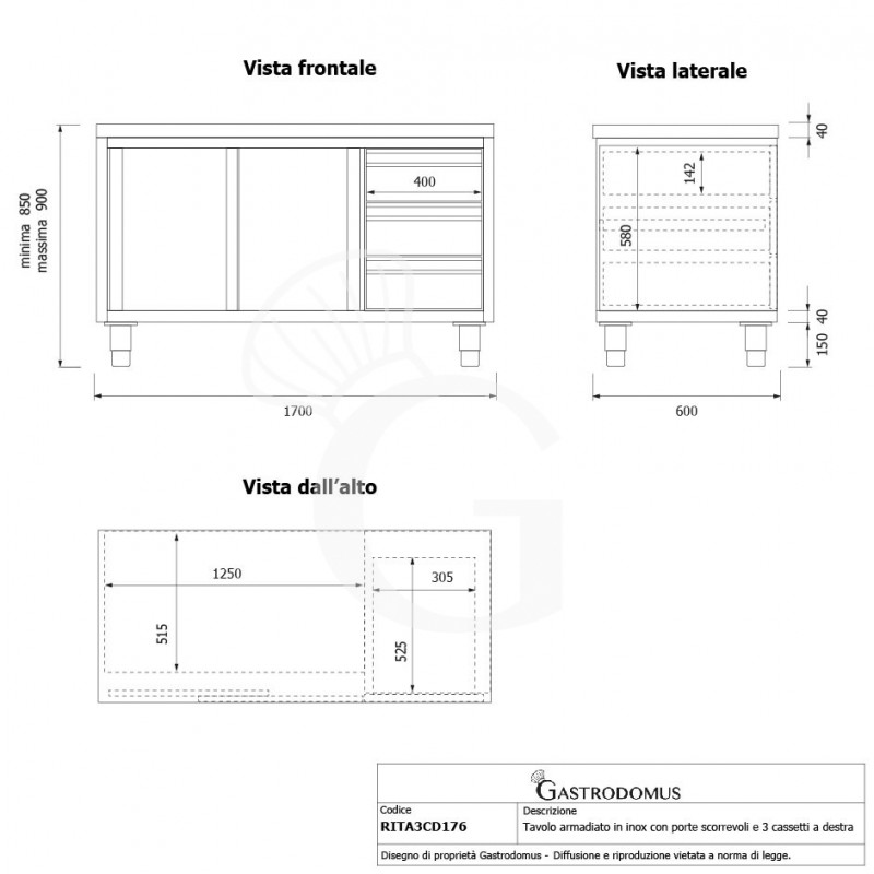Tavolo armadiato, 2 porte scorrevoli, 3 cassetti sul lato destro, L 1700 mm x P 600 mm x H 850 mm