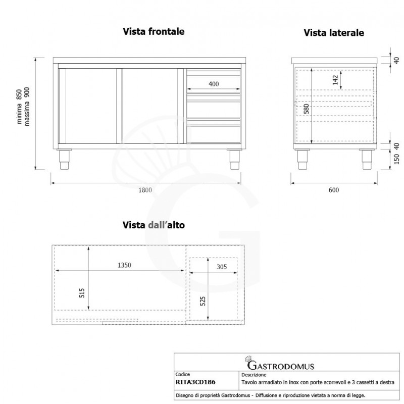 Tavolo armadiato, 2 porte scorrevoli, 3 cassetti sul lato destro, L 1800 mm x P 600 mm x H 850 mm