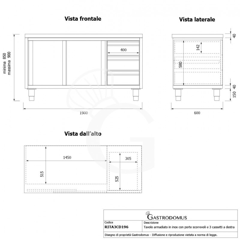 Tavolo armadiato, 2 porte scorrevoli, 3 cassetti sul lato destro, L 1900 mm x P 600 mm x H 850 mm