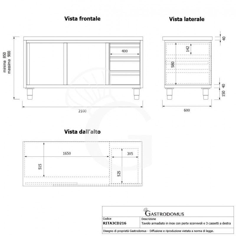 Tavolo armadiato, 2 porte scorrevoli, 3 cassetti sul lato destro, L 2100 mm x P 600 mm x H 850 mm