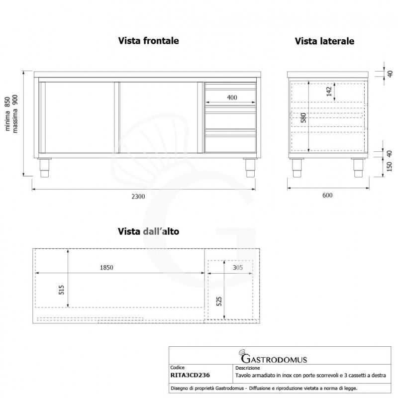 Tavolo armadiato, 2 porte scorrevoli, 3 cassetti sul lato destro, L 2300 mm x P 600 mm x H 850 mm