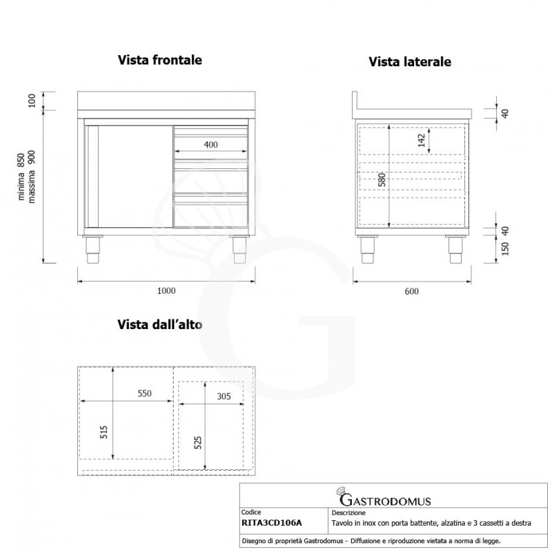 Tavolo armadiato,1 porta battente,3 cassetti a destra, alzatina, L1000 x P600 x H950mm