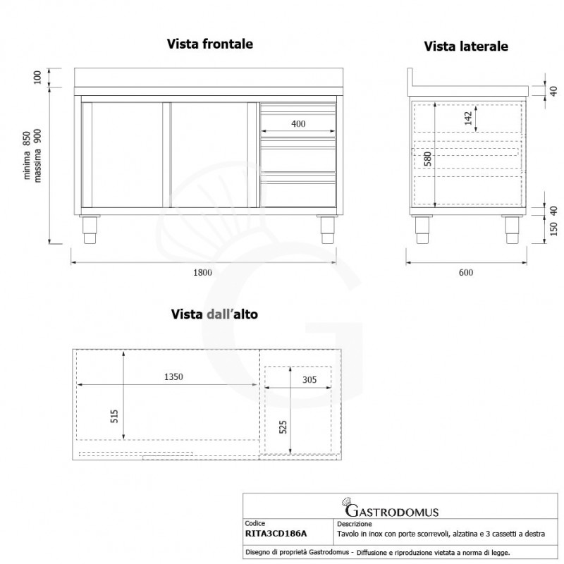 Tavolo armadiato,2 porte scorrevoli,3 cassetti a destra, alzatina, L1800 x P600 x H950mm
