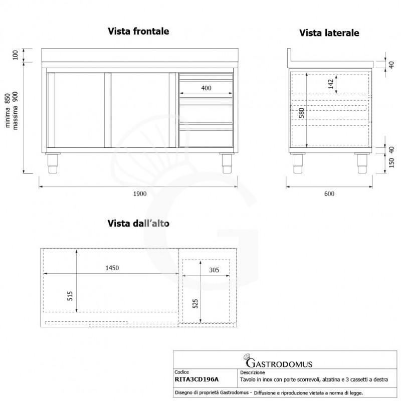 Tavolo armadiato,2 porte scorrevoli,3 cassetti a destra, alzatina, L1900 x P600 x H950mm