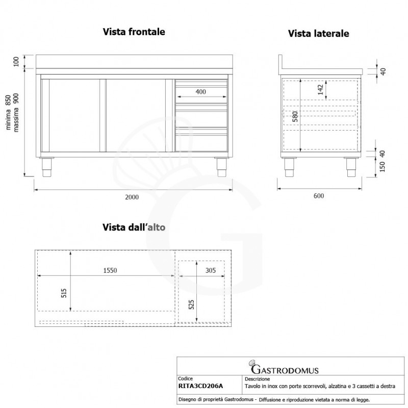 Tavolo armadiato,2 porte scorrevoli,3 cassetti a destra, alzatina, L2000 x P600 x H950mm