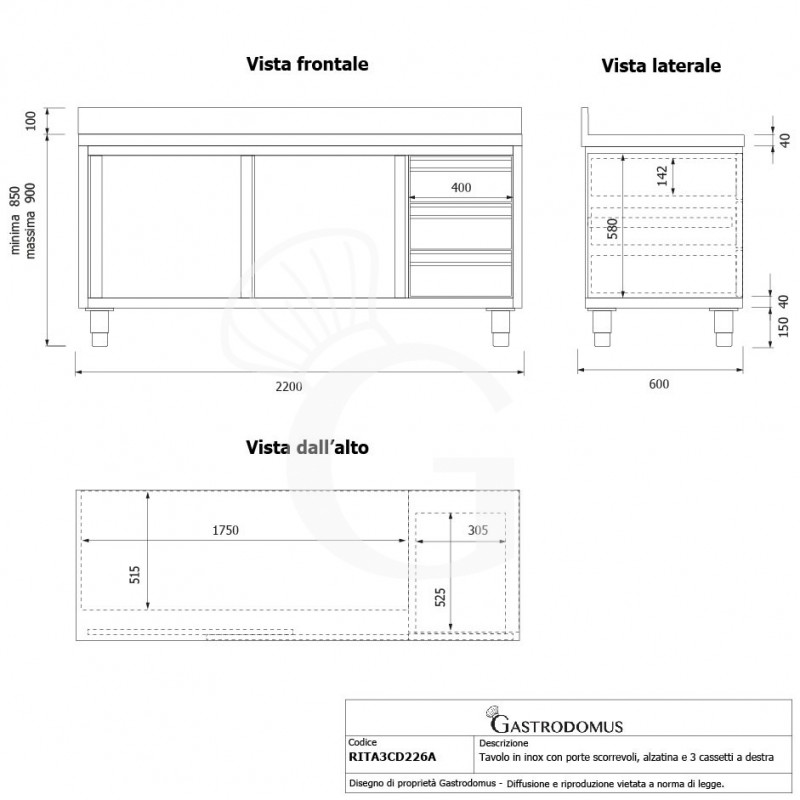 Tavolo armadiato,2 porte scorrevoli,3 cassetti a destra, alzatina, L2200 x P600 x H950mm