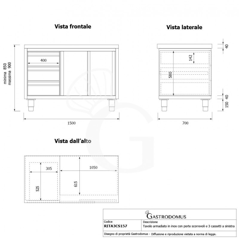 Tavolo armadiato, 2 porte scorrevoli, 3 cassetti sul lato sinistro, L 1500 mm x P 700 mm x H 850 mm