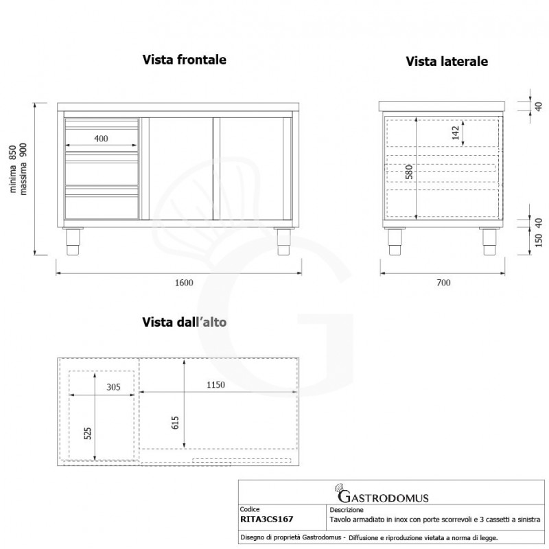 Tavolo armadiato, 2 porte scorrevoli, 3 cassetti sul lato sinistro, L 1600 mm x P 700 mm x H 850 mm