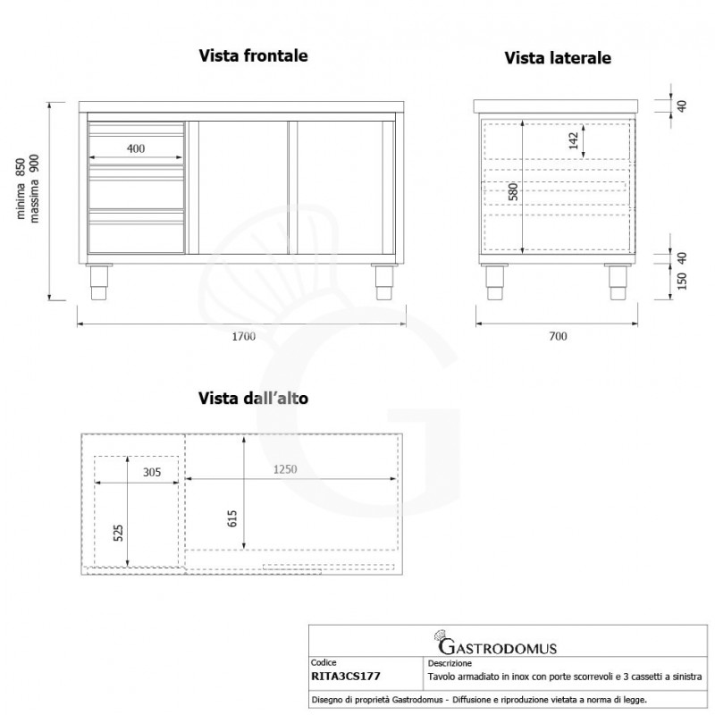 Tavolo armadiato, 2 porte scorrevoli, 3 cassetti sul lato sinistro, L 1700 mm x P 700 mm x H 850 mm