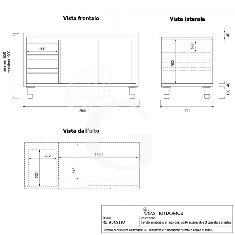 Tavolo armadiato, 2 porte scorrevoli, 3 cassetti sul lato sinistro, L 1900 mm x P 700 mm x H 850 mm