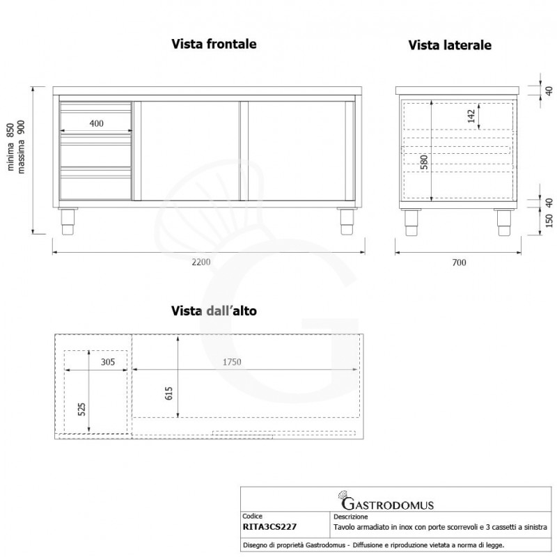 Tavolo armadiato, 2 porte scorrevoli, 3 cassetti sul lato sinistro, L 2200 mm x P 700 mm x H 850 mm