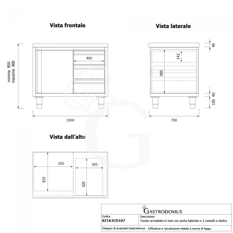 Tavolo armadiato, 1 porta battente, 3 cassetti sul lato destro, L 1000 mm x P 700 mm x H 850 mm