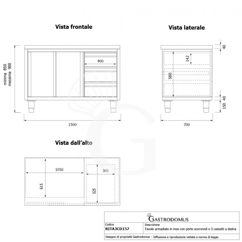 Tavolo armadiato, 2 porte scorrevoli, 3 cassetti sul lato destro, L 1500 mm x P 700 mm x H 850 mm