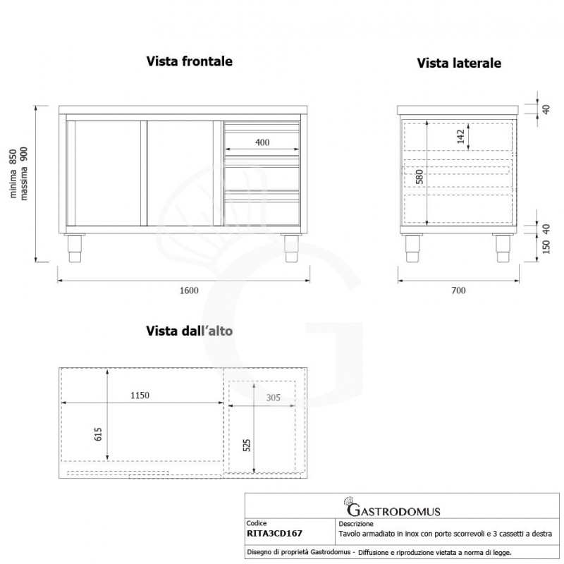 Tavolo armadiato, 2 porte scorrevoli, 3 cassetti sul lato destro, L 1600 mm x P 700 mm x H 850 mm