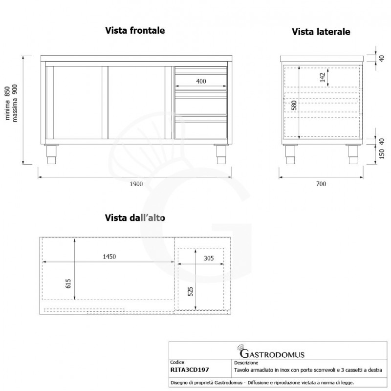 Tavolo armadiato, 2 porte scorrevoli, 3 cassetti sul lato destro, L 1900 mm x P 700 mm x H 850 mm