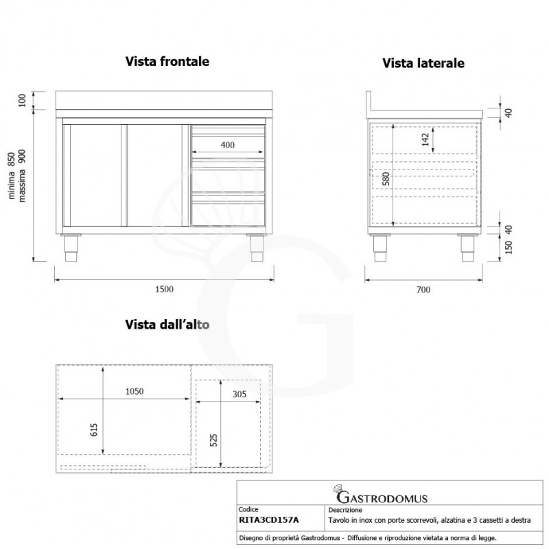 Tavolo armadiato,2 porte scorrevoli,3 cassetti a destra, alzatina, L1500 x P700 x H950mm