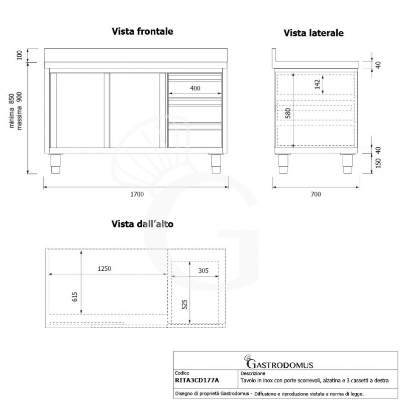 Tavolo armadiato,2 porte scorrevoli,3 cassetti a destra, alzatina, L1700 x P700 x H950mm