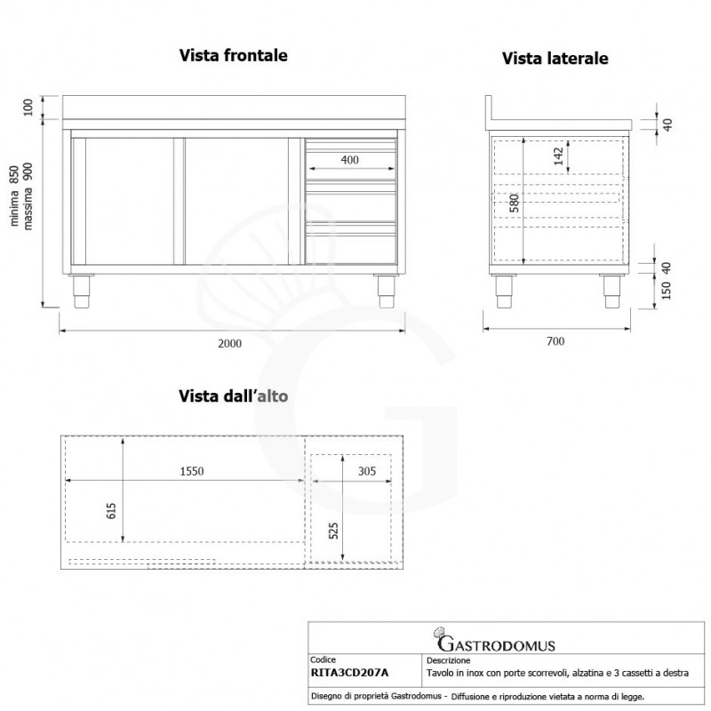 Tavolo armadiato,2 porte scorrevoli,3 cassetti a destra, alzatina, L2000 x P700 x H950mm