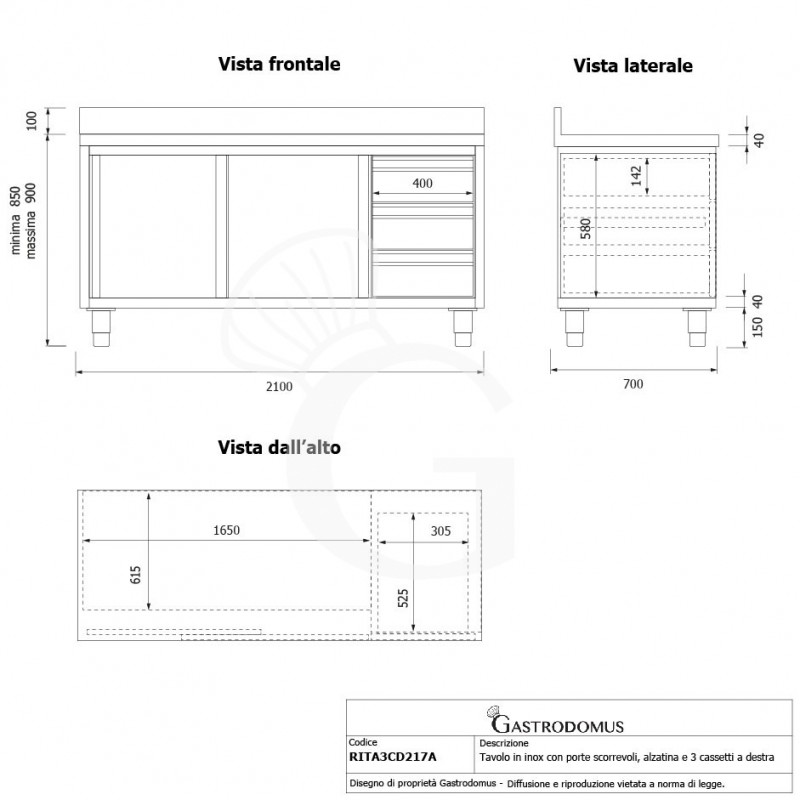 Tavolo armadiato,2 porte scorrevoli,3 cassetti a destra, alzatina, L2100 x P700 x H950mm