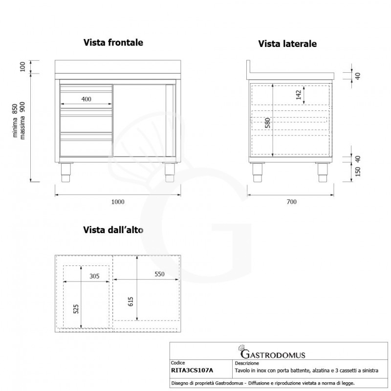 Tavolo armadiato,1 porta battente,3 cassetti a sinistra, alzatina, L1000 x P700 x H950mm