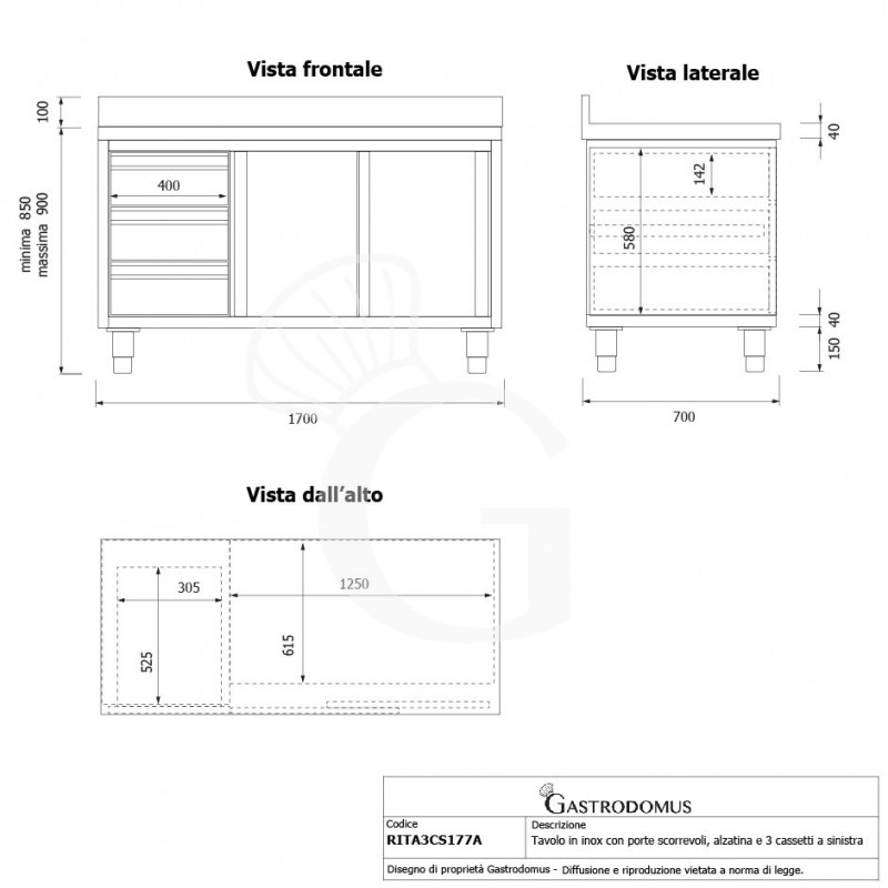 Tavolo armadiato,2 porte scorrevoli,3 cassetti a sinistra, alzatina, L1700 x P700 x H950mm