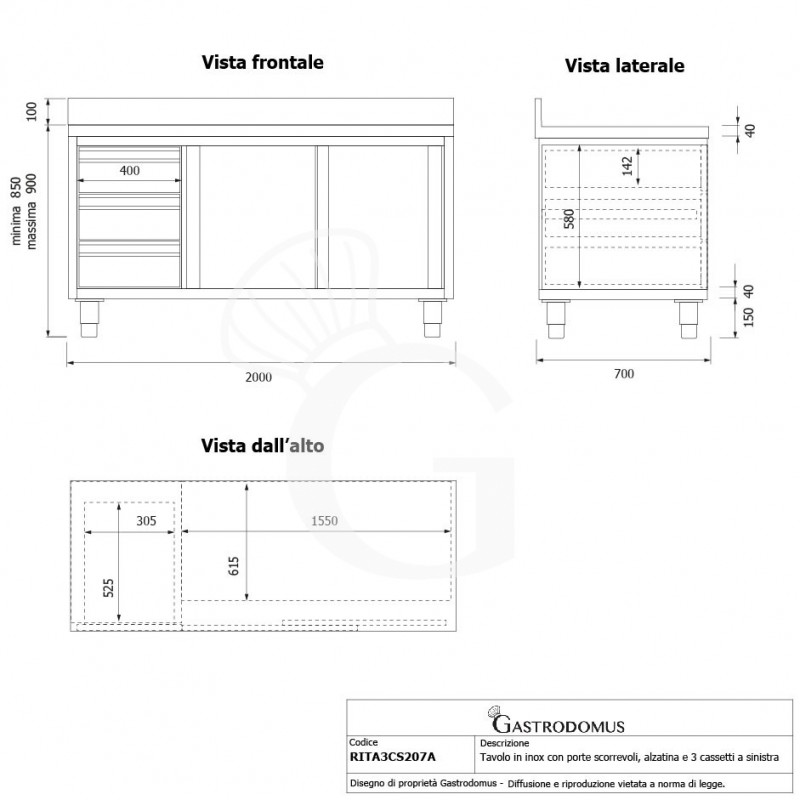 Tavolo armadiato,2 porte scorrevoli,3 cassetti a sinistra, alzatina, L2000 x P700 x H950mm