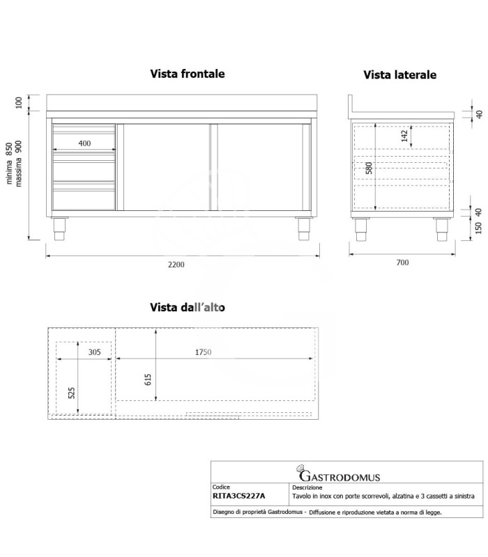 Tavolo armadiato,2 porte scorrevoli,3 cassetti a sinistra, alzatina, L2200 x P700 x H950mm