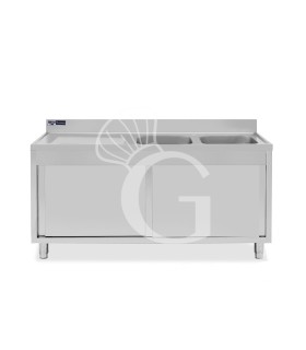 Lavello armadiato con porte scorrevoli,2 vasche,gocciolatoio a sinistra,L 1700 x P 600 x H 965 mm - con foro rubinetto Ø 32 mm