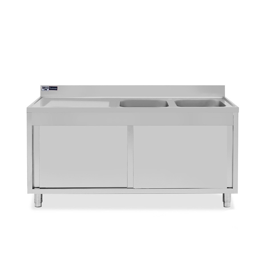 Lavello armadiato con porte scorrevoli,2 vasche,gocciolatoio a sinistra,L 1700 x P 600 x H 965 mm - con foro rubinetto Ø 32 mm