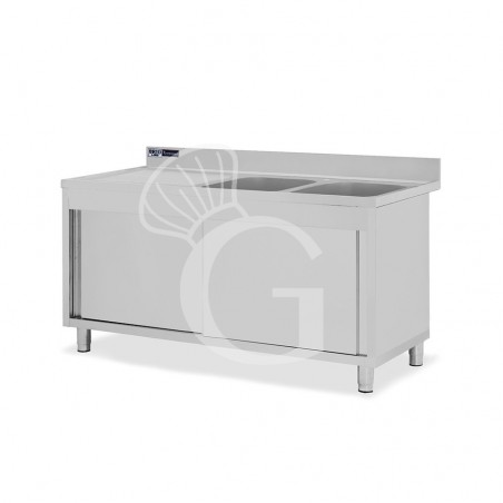 Lavello armadiato con porte scorrevoli,2 vasche,gocciolatoio a sinistra,L 1700 x P 600 x H 965 mm - con foro rubinetto Ø 32 mm Lavello armadiato con porte scorrevoli,2 vasche,gocciolatoio a sinistra,L 1700 x P 600 x H 965 mm - con foro rubinetto Ø 32 mm