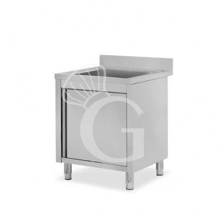 Lavello inox armadiato 1 porta battente, 1 vasca, alzatina, L 600 mm x P 700 mm x H 965 mm - con foro rubinetto Ø 32 mm Lavello inox armadiato 1 porta battente, 1 vasca, alzatina, L 600 mm x P 700 mm x H 965 mm - con foro rubinetto Ø 32 mm