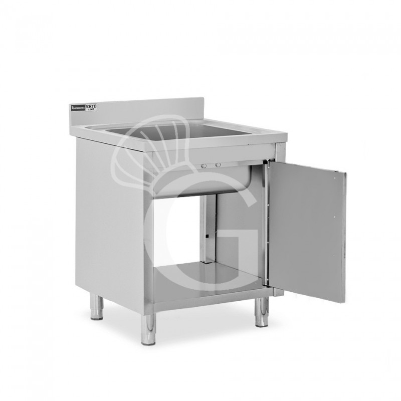 Lavello inox armadiato 1 porta battente, 1 vasca, alzatina, L 600 mm x P 700 mm x H 965 mm - con foro rubinetto Ø 32 mm