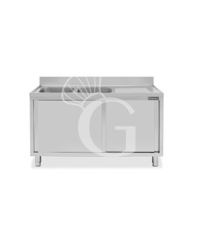 Lavello armadiato con porte scorrevoli,2 vasche,gocciolatoio a destra,L 1400 x P 700 x H 965 mm - con foro rubinetto Ø 32 mm