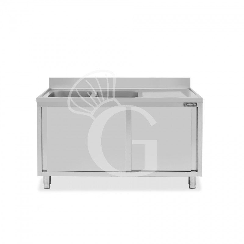 Lavello armadiato con porte scorrevoli,2 vasche,gocciolatoio a destra,L 1400 x P 700 x H 965 mm - con foro rubinetto Ø 32 mm