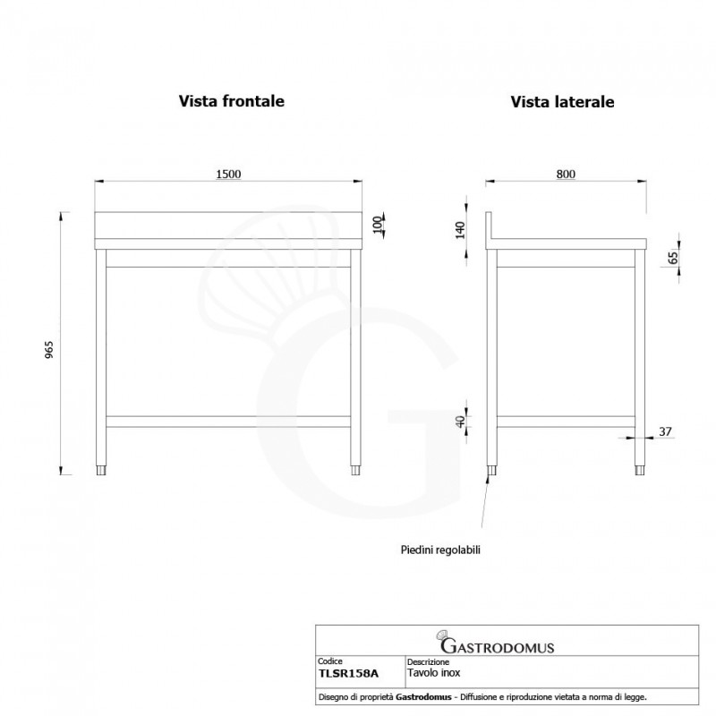 Tavolo inox con alzatina L 1500 mm x P 800 mm x H 965 mm