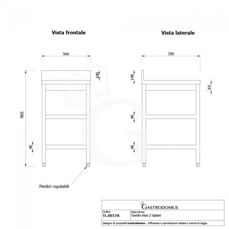 Tavolo inox 2 ripiani alzatina L 500 mm x P 700 mm x H 965 mm