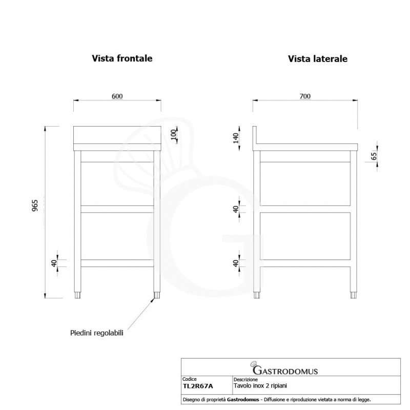 Tavolo inox 2 ripiani alzatina L 600 mm x P 700 mm x H 965 mm
