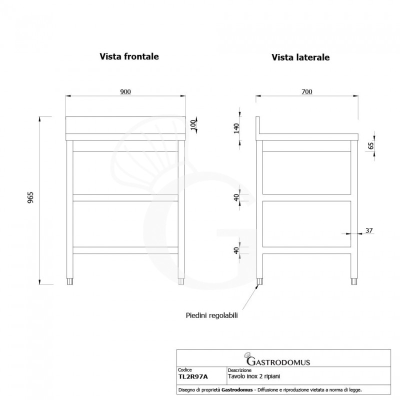 Tavolo inox 2 ripiani alzatina L 900 mm x P 700 mm x H 965 mm