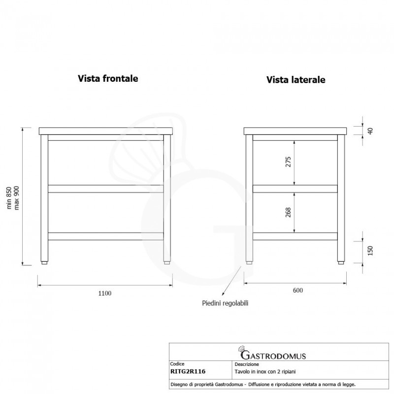 Tavolo inox 2 ripiani L 1100 mm x P 600 mm x H 850 mm