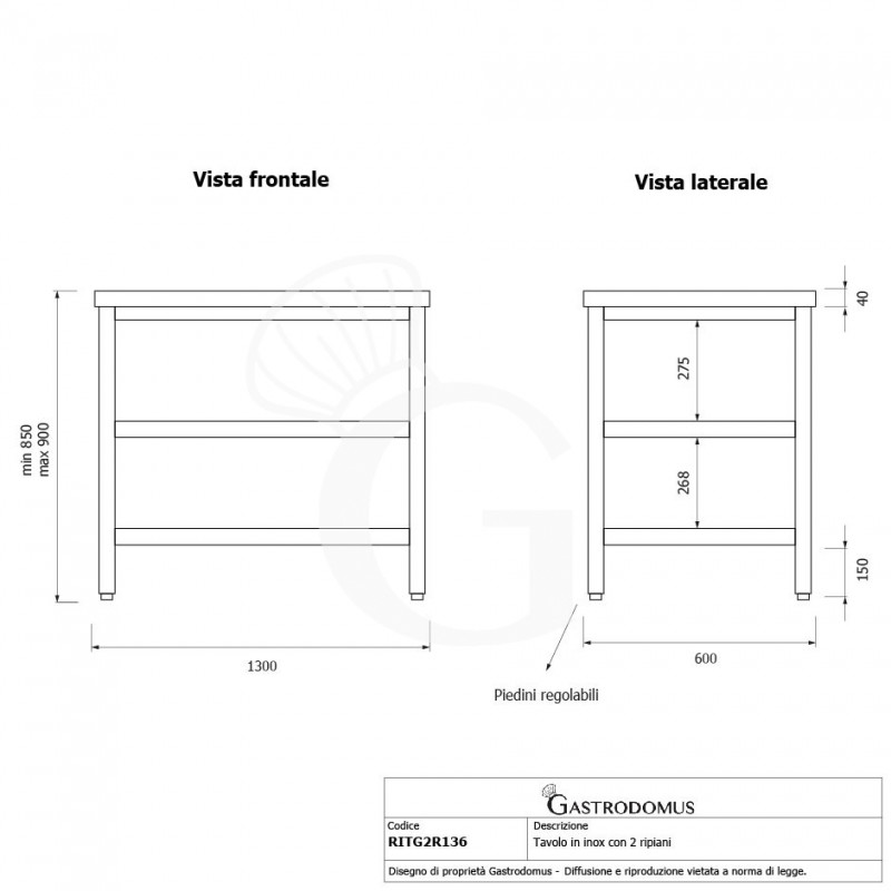 Tavolo inox 2 ripiani L 1300 mm x P 600 mm x H 850 mm