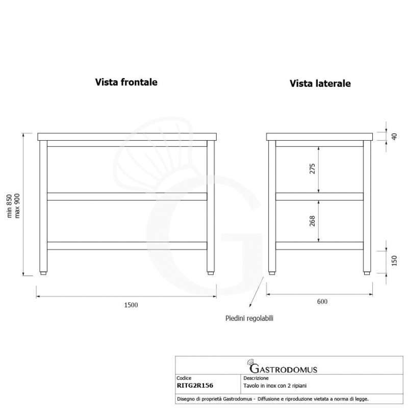 Tavolo inox 2 ripiani L 1500 mm x P 600 mm x H 850 mm