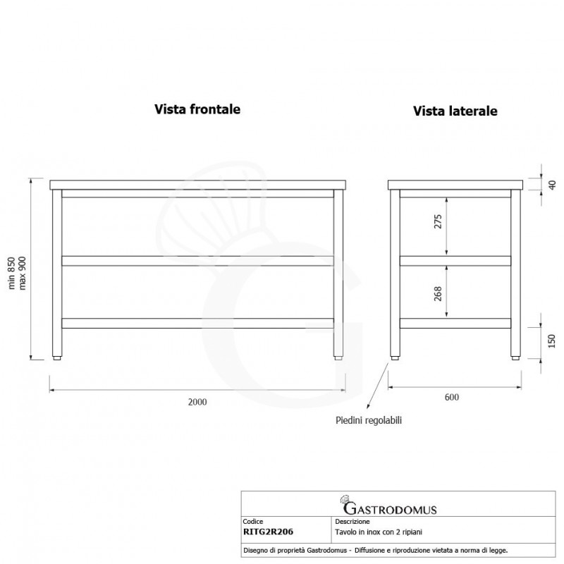 Tavolo inox 2 ripiani L 2000 mm x P 600 mm x H 850 mm
