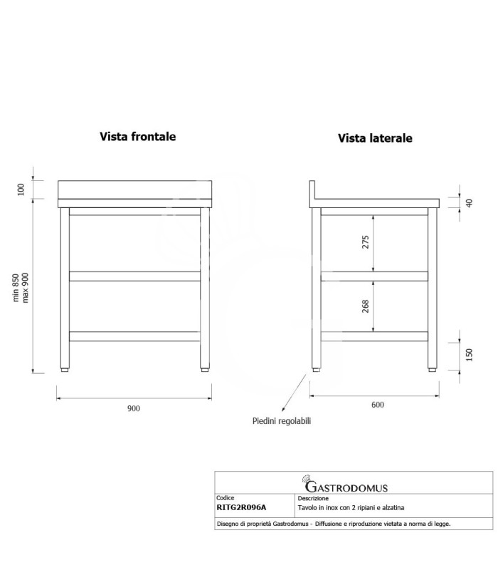 Tavolo inox 2 ripiani alzatina L 900 mm x P 600 mm x H 950 mm