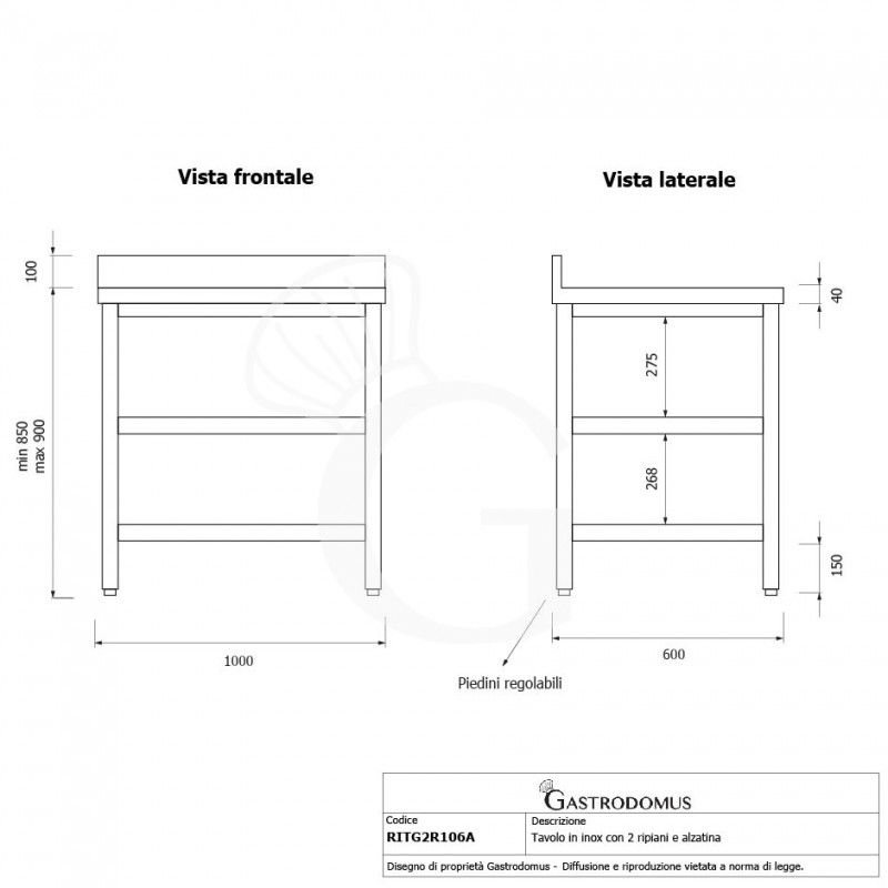 Tavolo inox 2 ripiani alzatina L 1000 mm x P 600 mm x H 950 mm