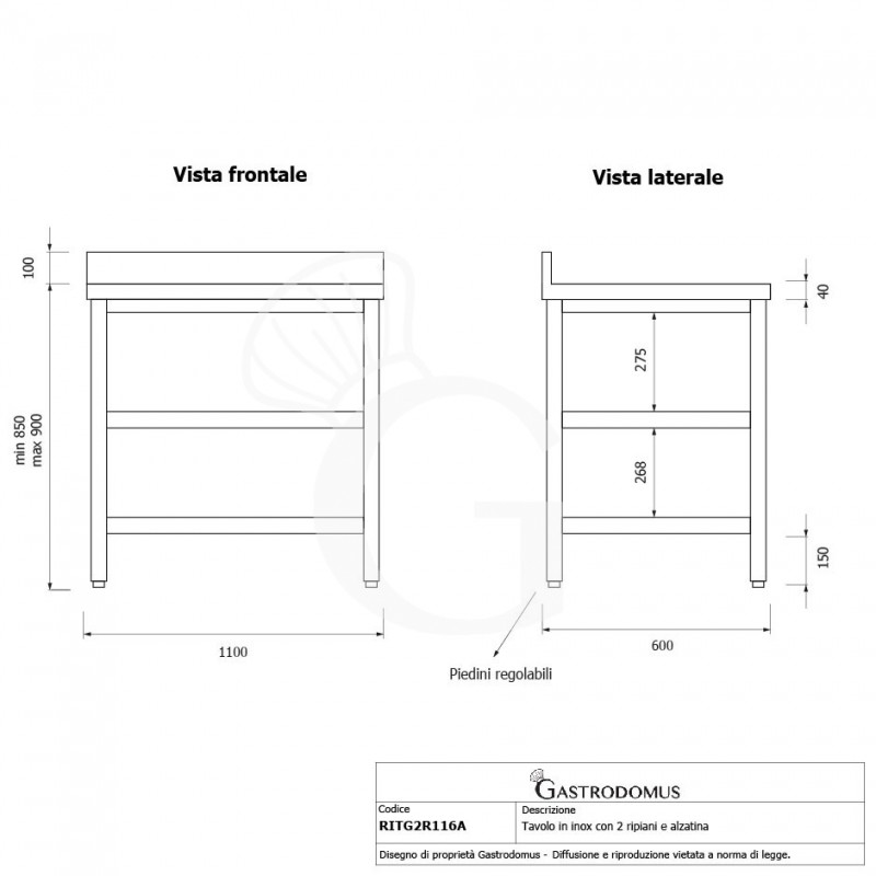 Tavolo inox 2 ripiani alzatina L 1100 mm x P 600 mm x H 950 mm