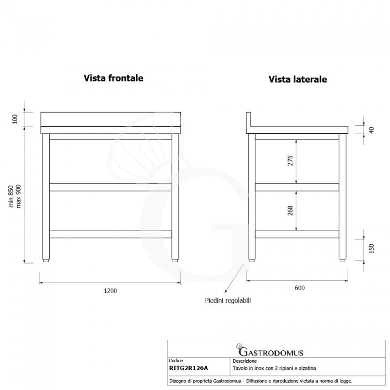 Tavolo inox 2 ripiani alzatina L 1200 mm x P 600 mm x H 950 mm