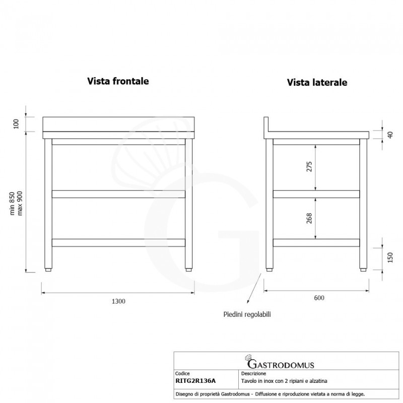 Tavolo inox 2 ripiani alzatina L 1300 mm x P 600 mm x H 950 mm